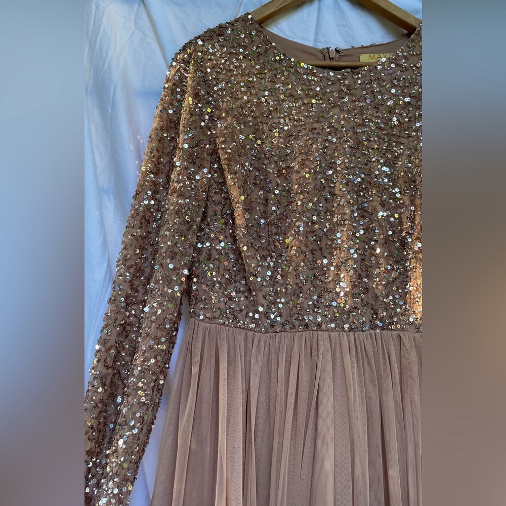 MAYA ASOS Rose Gold Blush Sequin and Tulle Maxi Dress Gown Formal